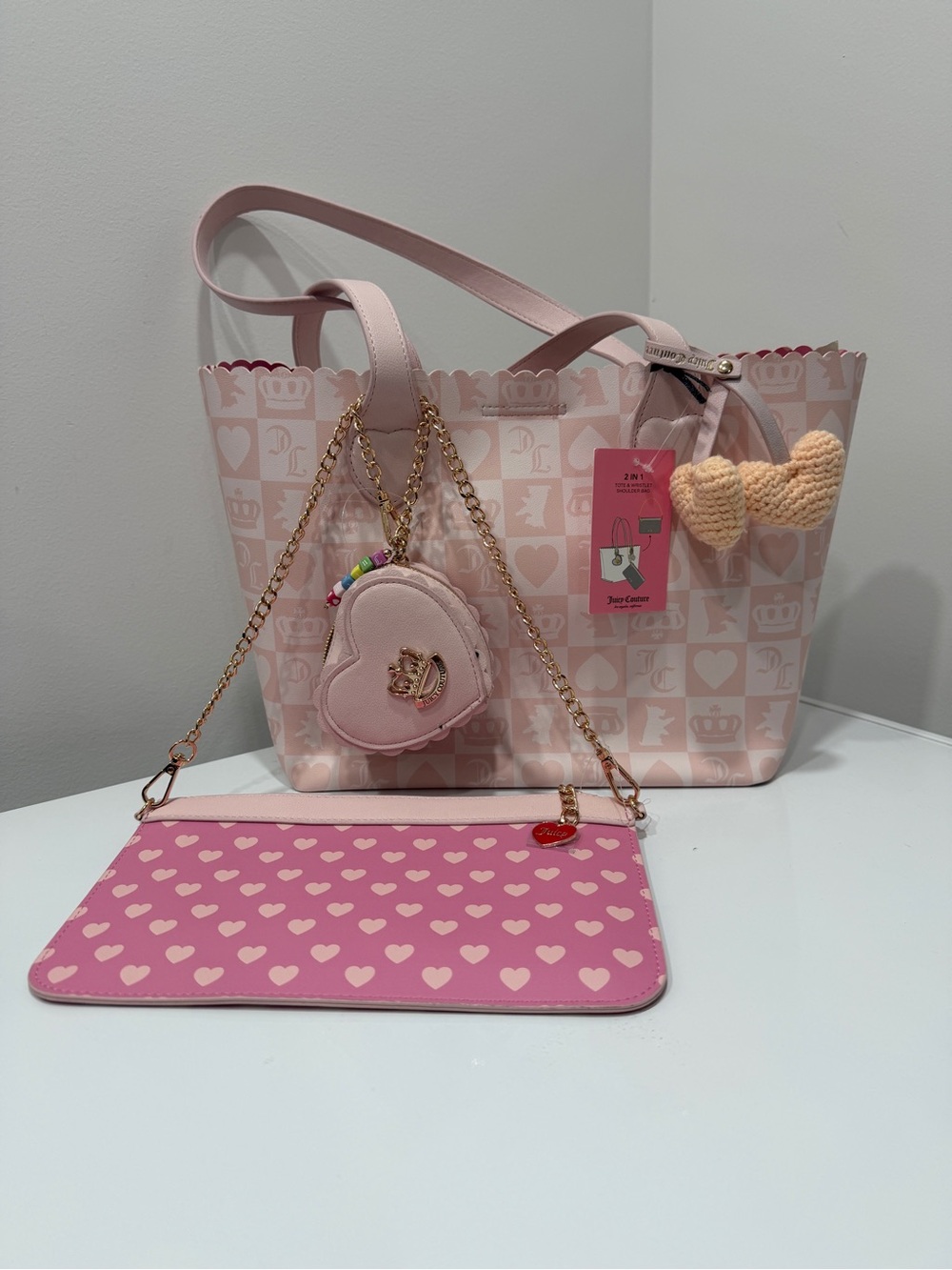 Juicy Couture Pink Heart Tote with Chain Wristlet and Heart Charm